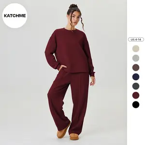 KatchMe Women's Casual Solid Color Long Sleeve Top & Exposed Stitches Trousers Co-ord, Round Neck Top & Wide Leg Trousers Two Piece Sets, Loose Womenswear