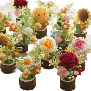 Hand Crocheted Sunflower and Rose Bouquet Pot - Creative Knitted Yarn Artificial Flowers, Everlasting Wool Plant Decor for Home & Office Desk, Heartwarming Gift for Birthday, Anniversary, Graduation