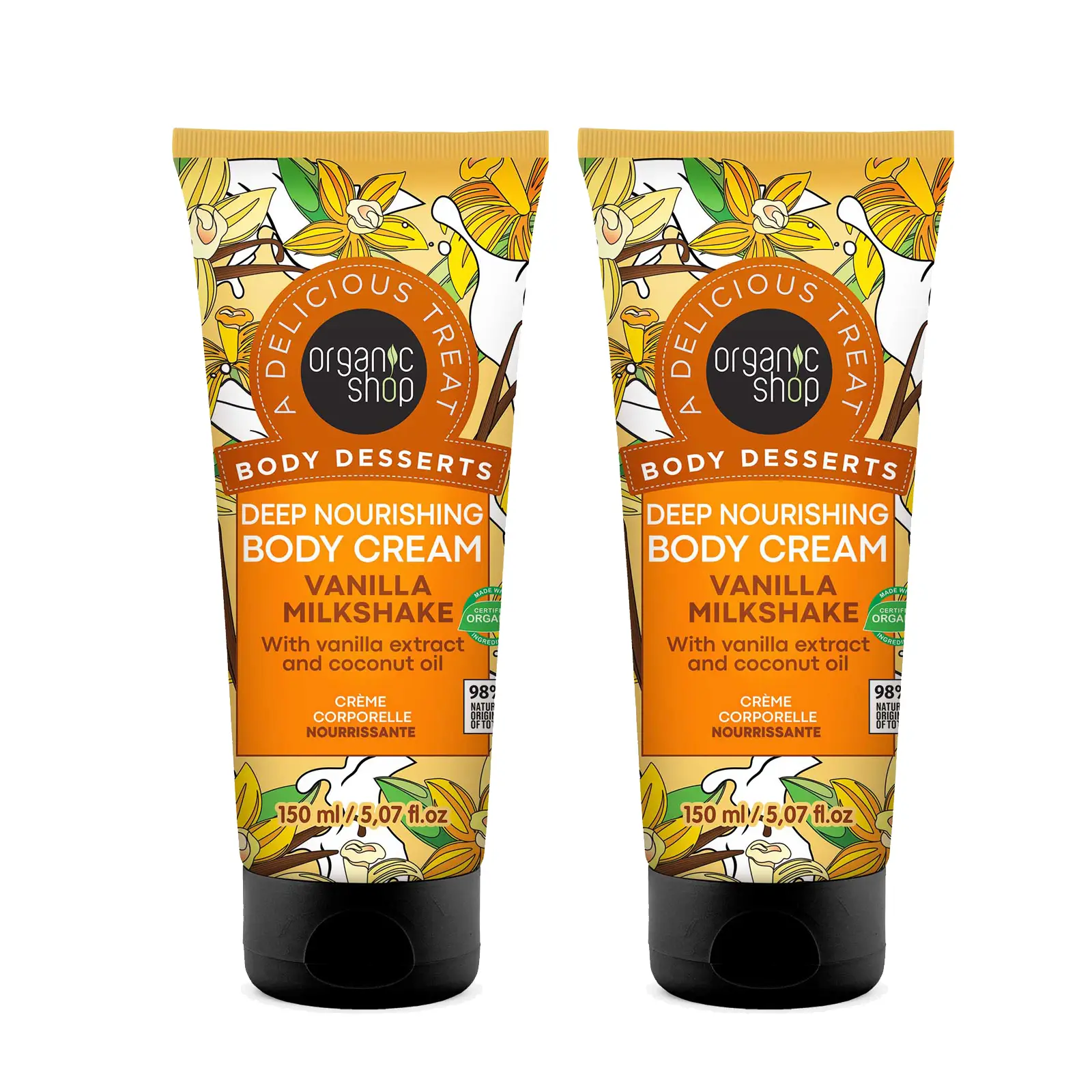 Organic Shop Coconut Oil & Vanilla Extract Deep Nourishing & Hydrating Body Cream, 100% Vegan & Organic, Daily Moisturizer, Body, Face & Hand Natural Lotion, Intensive Care & Skin Hydration. 150ml. Pack of 2