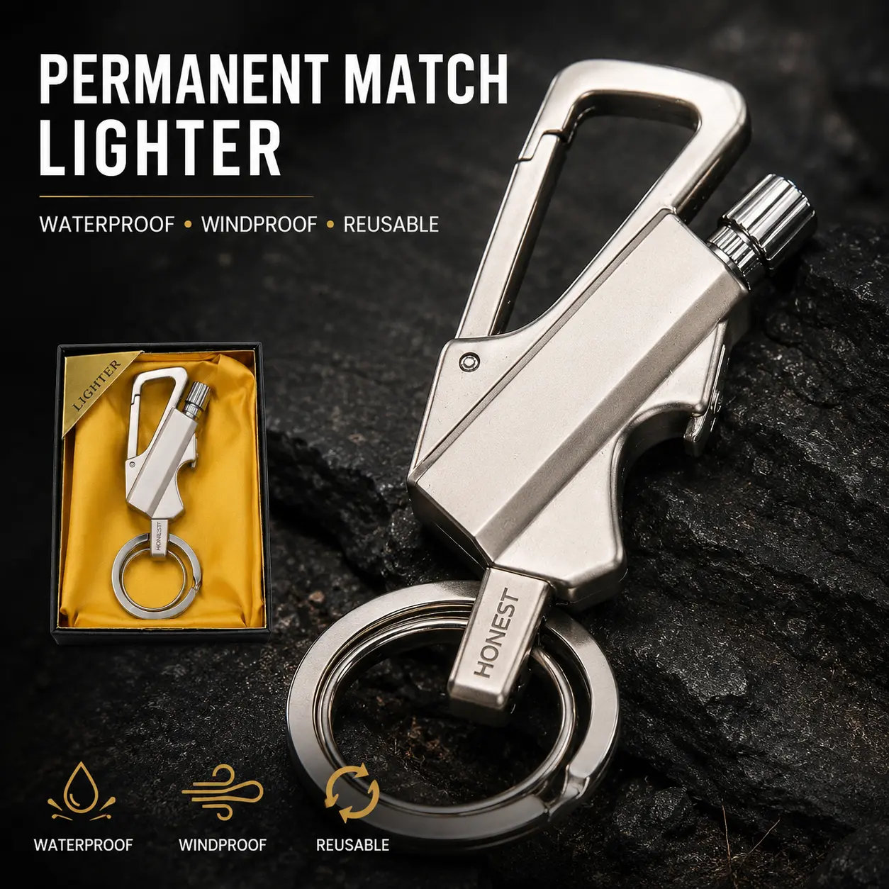 Permanent Match Infinity Lighter - Reusable Waterproof Flint Fire Starter with Keychain, Bottle Opener, Windproof Metal Kerosene Lighter for Outdoor Camping, Survival, Hiking Survival (Does Not Include Lighter Fluid), All Seasons