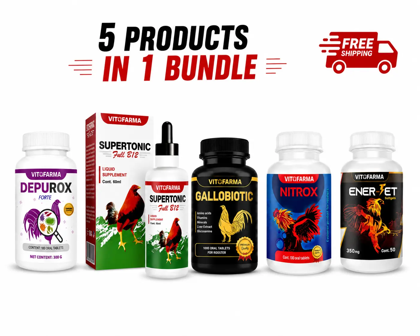 Vitofarma PREMIUM Poultry Healthcare Complete Pack - Depurox Forte, SUPERTONIC Full B12 & Folic Acid, Gallobiotic, Nitrox, Ener-jet Oral Tablets & 60ml Capsulas