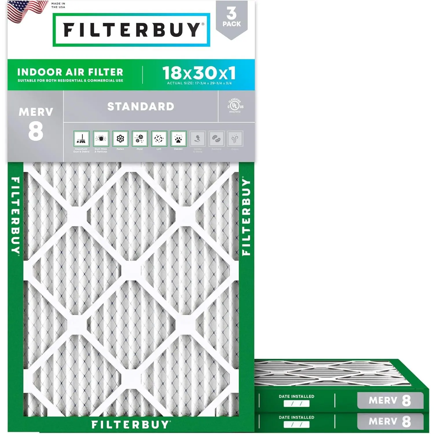Filterbuy 18x30x1 In Home HVAC AC Furnace Replacement Air Filters (3-Pack), Pleated MERV 8 Dust Defense (Actual Size: 17.75x29.75x0.75 In)