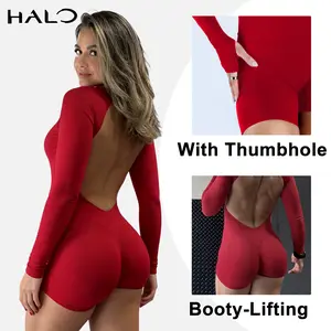[SIZE UP 1] HALO Impact Long Sleeve One Piece Unitard Fitness Gym Bralette Soft Workout Activewear [STRONG COMPRESSED]