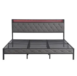 King/Queen/Full Bed Frame with Storage Headboard Charging Station and LED Lights Upholstered Platform Bed with Heavy Metal Slats Noise Free Gray Color Easy Assembly Modern Style