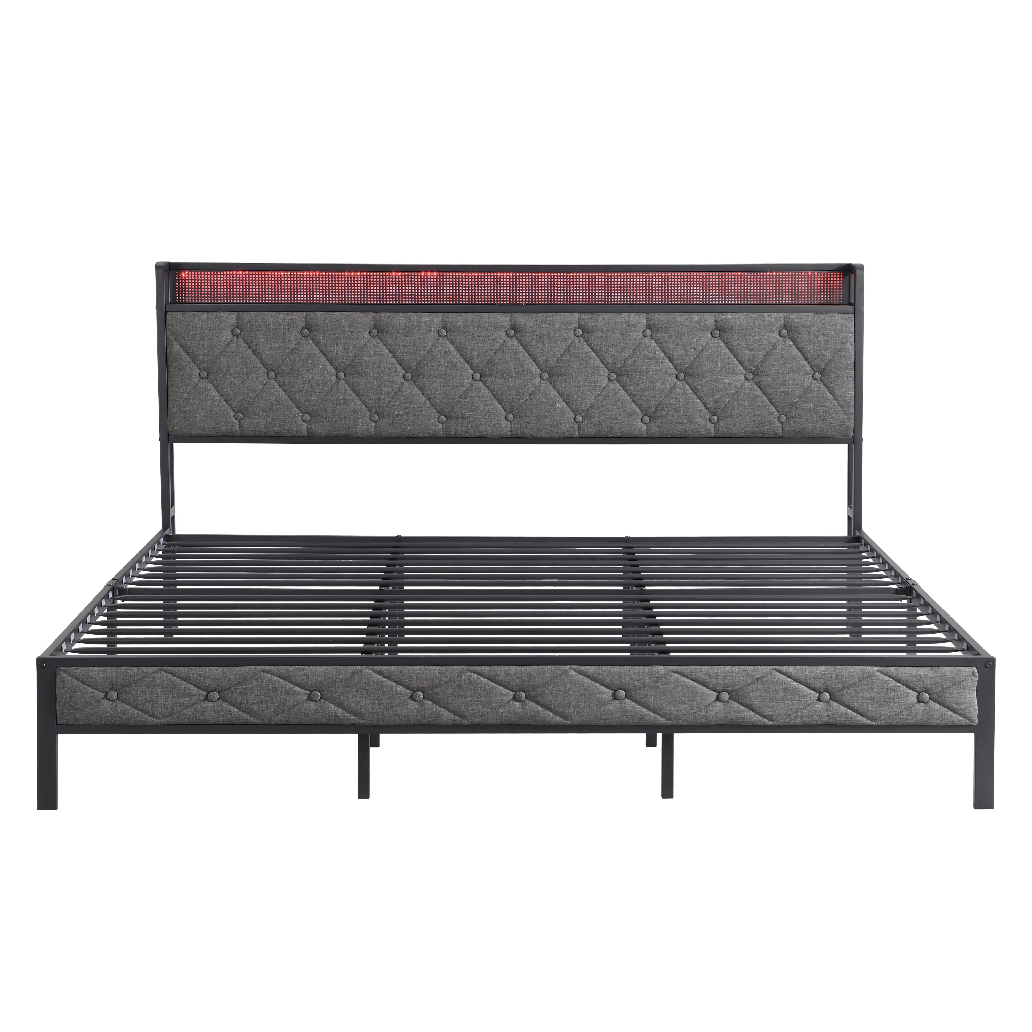 Sturdy Heavy-Duty King/Queen/Full Size Bed Frame - PU Leather Upholstered Modern Platform Bed with Storage Headboard, USB Port Charging Station, LED Lights, Noise-Free Heavy Metal Slats, Easy Assembly (Gray), Sturdy Bed Frame