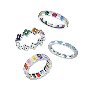 S925 Silver Dopamine Color Matching Ring, Lucky Four-Leaf Clover  Heart Ring