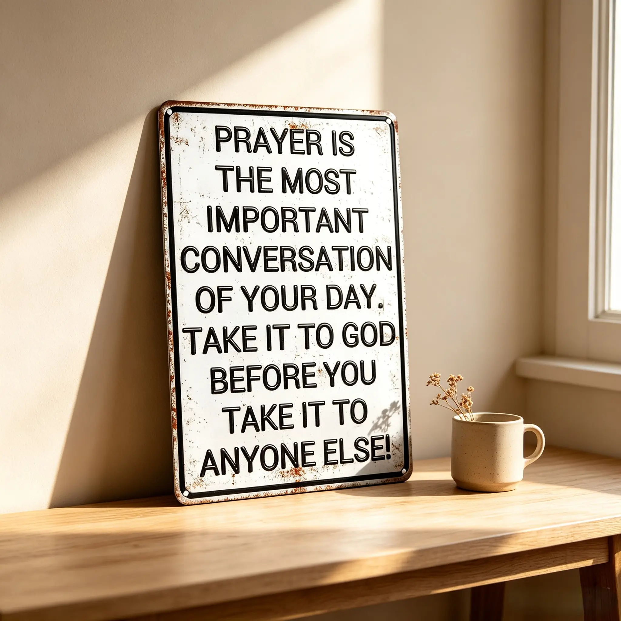 Vintage Aluminium Crucifix Home Sign - 8x12 in Christian Religious Metal Plaque, Home Decor, Prayer Room Gift with "Prayer Is The Most Important Conversation of Your Day" Quote, Crucifix Home Signs