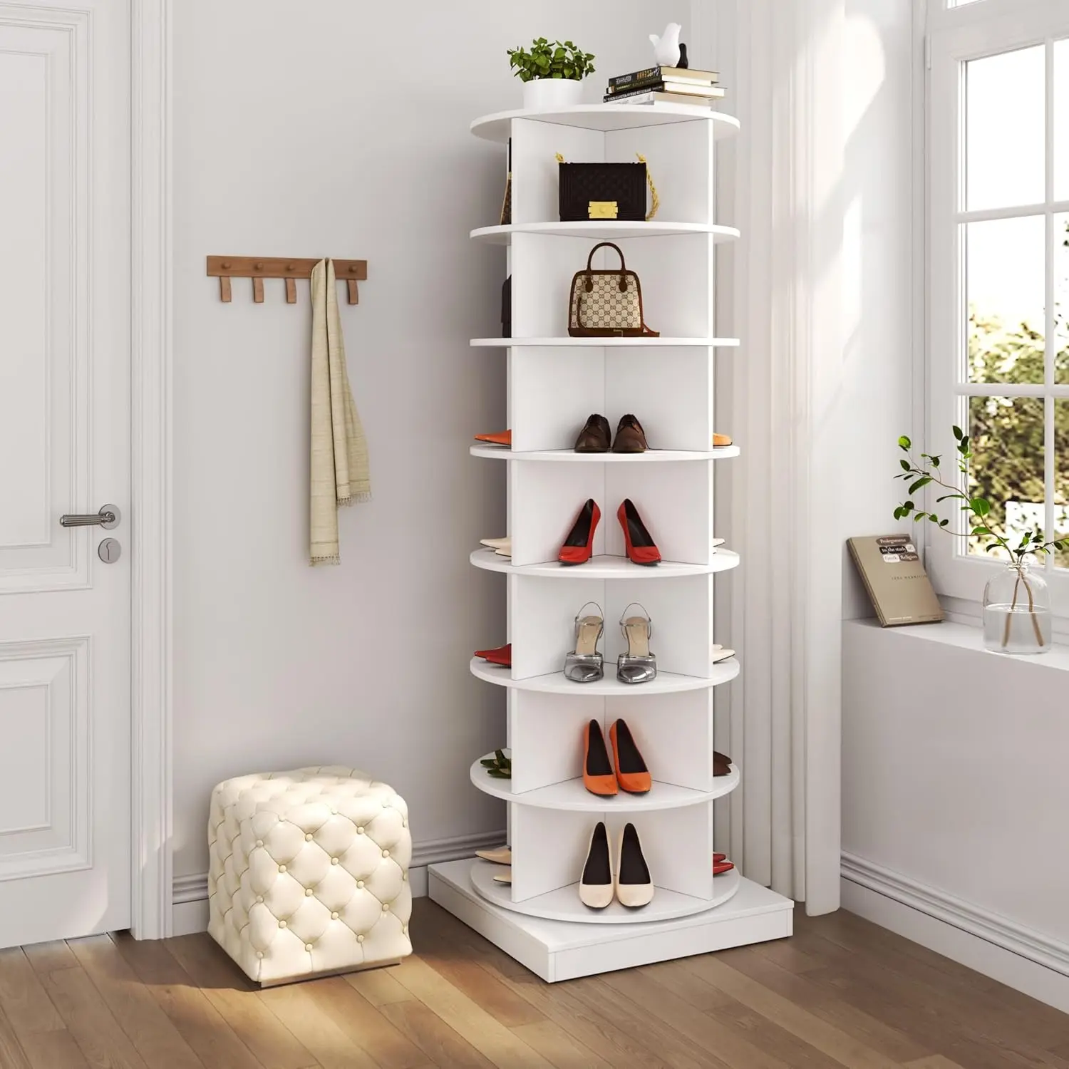 White 7-Tier 360-Degree Rotating Shoe Rack Tower - Round Lazy Susan Tiered Shelf, Sturdy Footwear Organization Storage for Small Closets, Vertical Handbag Storage, 24"w x 24"d x 65"h, Assembly Required