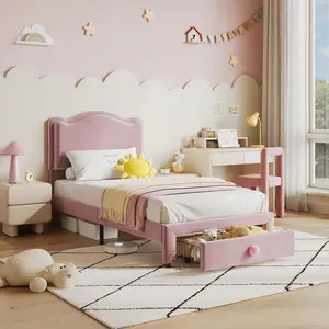 Pink Velvet Upholstered Toddler Bed Frame - Curved Shape, Rounded Edges, Headboard, Storage Drawers, Noise-Free Wood Slats, Platform Base, Quick Setup, No Box Spring Needed