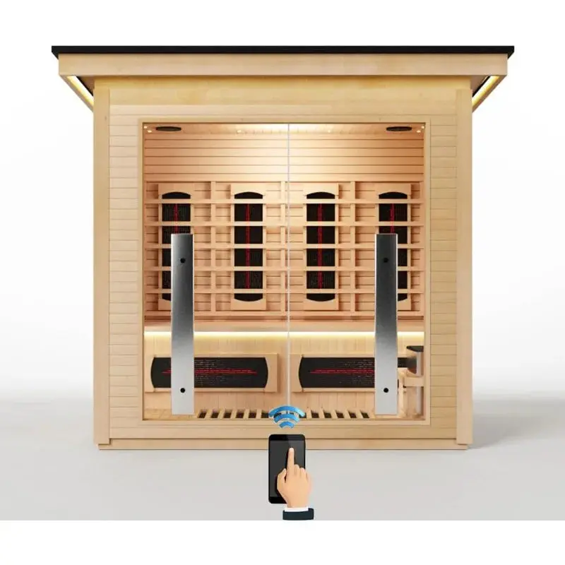 Rectangular Hemlock Wood Hybrid Outdoor Sauna Room - 3-4 Person, 71"w x 51"d x 85"h, 220V 4500W, Timer, WiFi Control, Chromatherapy, Indoor Use, Sauna Rocks Included, Ideal for Athletes' Muscle Recovery