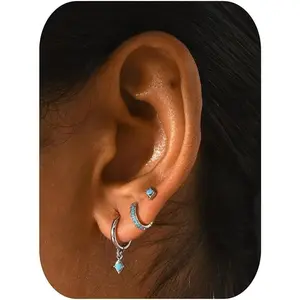 3 Pairs Mini Hoop Earrings Set Turquoise Cubic Zirconia Huggie Hoop Cartilage Earring Ear Cuff for Women (Turquoise/CZ)