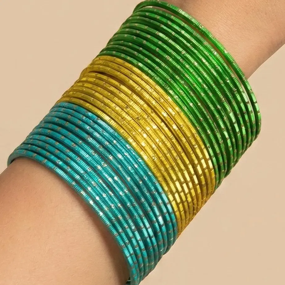 Women's 12-Piece Silk Dotted Metal Stacking Bangles Set - 2.4/2.6/2.8 Sizes, Gold Aesthetic Accent, Elegant Jewelry Bracelet, Party Wear Bracelets Accessories, Fashionable Costume Jewelry for Eid, Weddings, Fashionable Creative Bangle