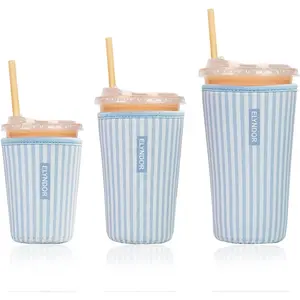 Reusable Insulated Sleeve for Iced Coffee Cup, 3-Pack Coffee Neoprene Drink Sleeve for Cold & Hot Drinks, Beverage Holder for Iced Coffee (Blue Stripes)