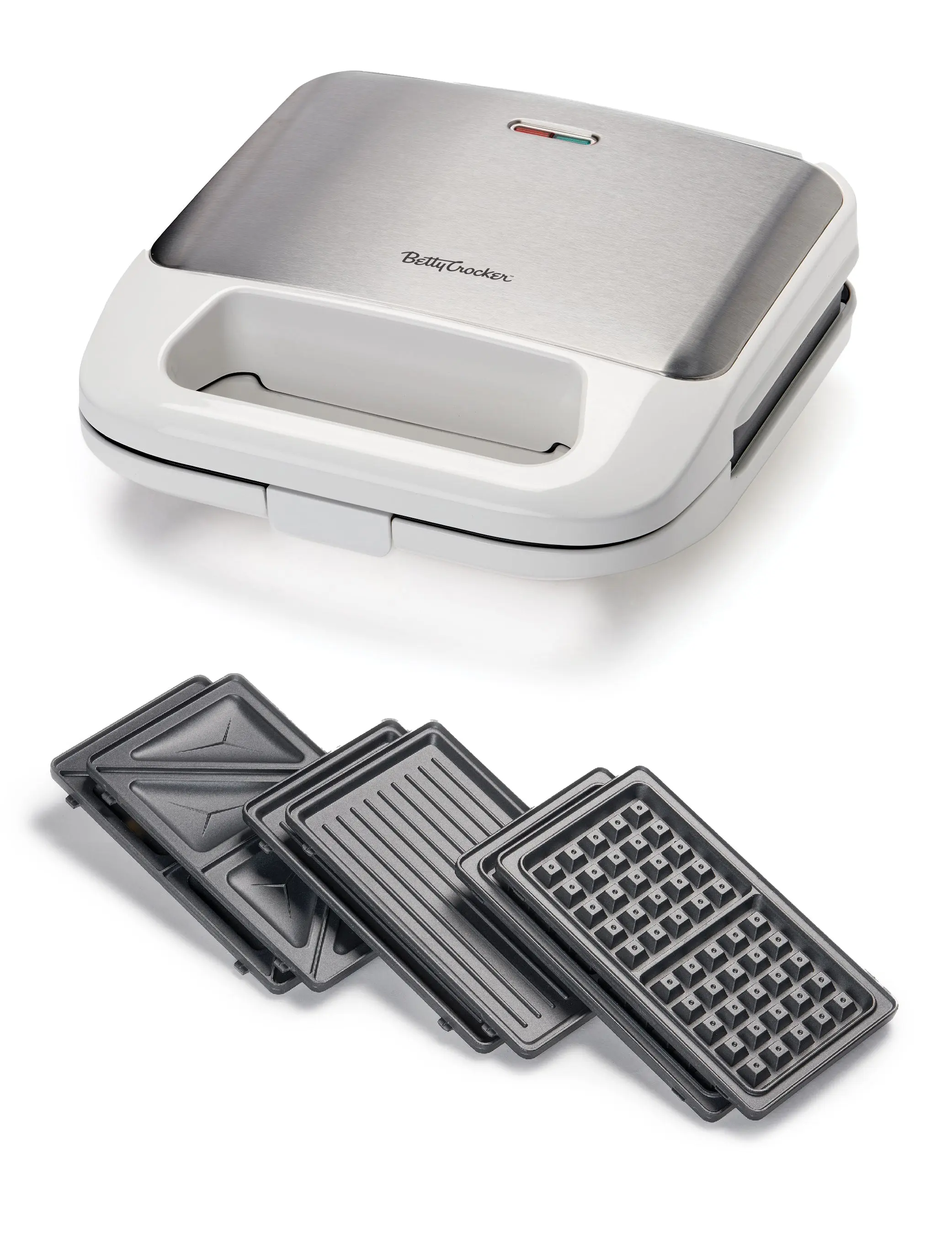 Betty Crocker 3-in-1 Indoor Grill, Sandwich / Panini Press & Waffle Maker Plus, Electric Grill Indoor with Interchangeable Non-Stick Plates, 750 Watts, BC-4965W, White