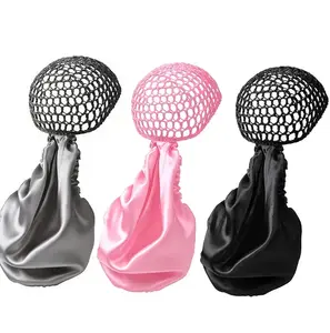 Non-Detachable Satin Hair Wrap & Net Duo – Adjustable Band for Silk Press, Curls & Braids, Reversible Satin & Handmade Netting,summervibes
