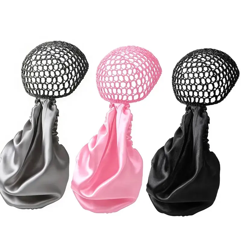 Non-Detachable Satin Hair Wrap & Net Duo – Adjustable Band for Silk Press, Curls & Braids, Reversible Satin & Handmade Netting,summervibes Hair Care Wrap Hair Curling Tool Black