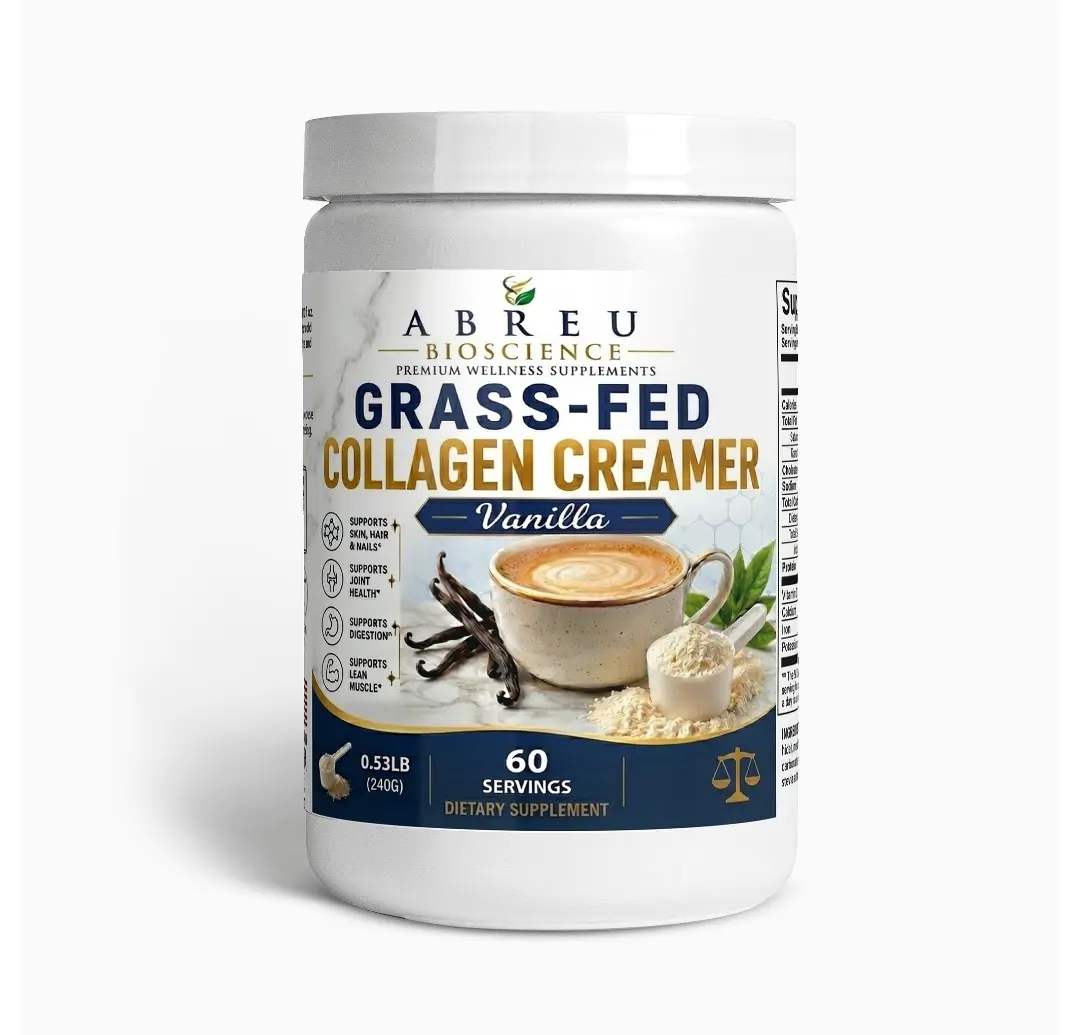 Abreu Bioscience Grass-Fed Collagen Creamer Powder - Vanilla Flavor, 60 Servings, 0.53Lb Natural Peptide Protein Healthy Beauty Supplement for Skin, Hair, Nails Support