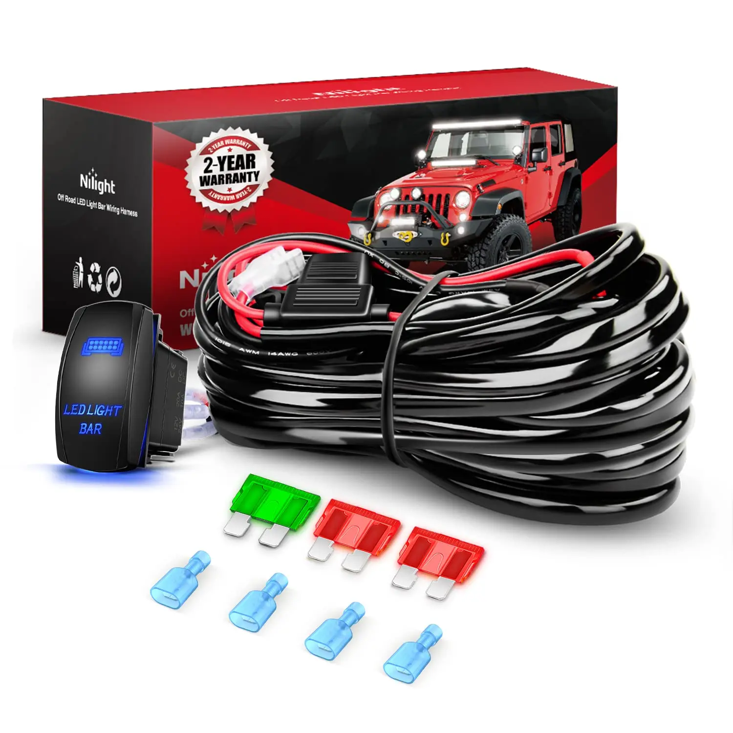 Nilight LED Light Bar Wiring Harness Kit, 12AWG Heavy Duty 12V 5Pin Rocker Switch, Laser On-Off Waterproof Automatic Switch Light, Power Relay, Blade Fuse, 2-Lead Black Lighting for Outdoor Automotive & Motorcycle Use, Light Bulbs