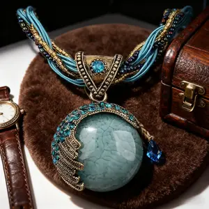 Handmade Retro Bohemian Collar Necklace |   Turquoise Rhinestone Pendant |   Twist Woven Rope Chain