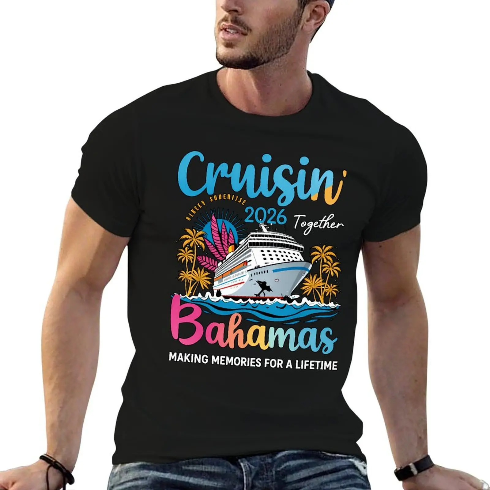 Men's T-Shirt with Cruisin' Bahamas 2026 Making Memories Graphic, Fitted Short Sleeve Crew Neck for Casual Summer Vacations, Tshirt, Top, Shortsleeve, Menswear, Bahamas Cruise, Graphic Print, Fitted Cut, Medium Length