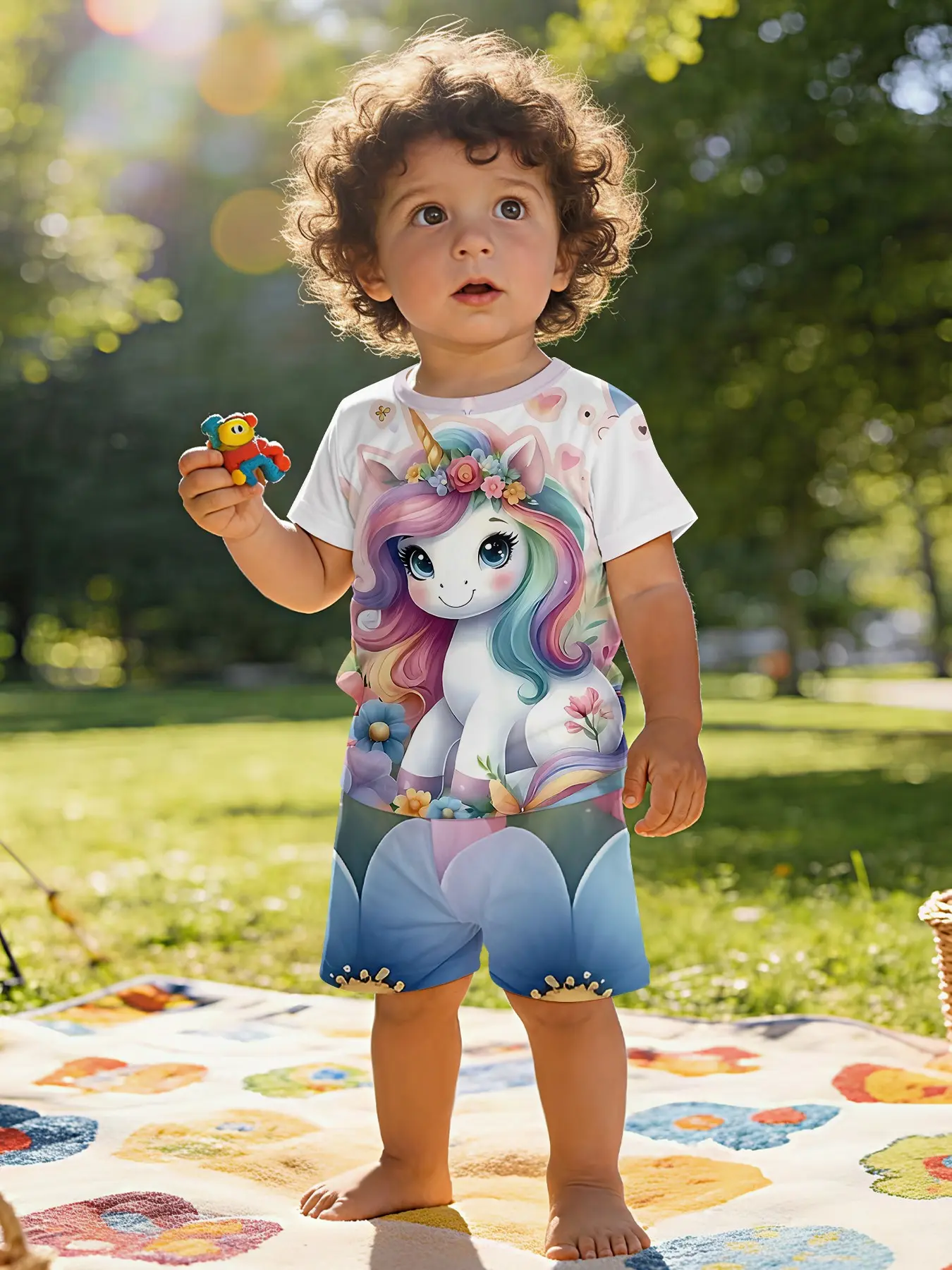 Fairy tale style rainbow unicorn printed infant short-sleeve set, summer clothes set, Cute clothing set, suitable for daily and outdoor sports, 100% polyester, a perfect gift for infants and young children