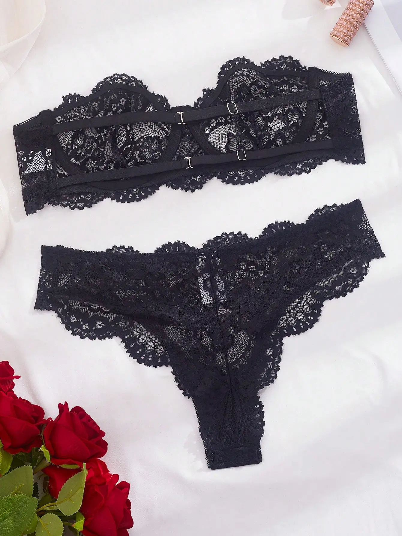 Lace Pattern Lingerie Set Strapless Bandeau Bra And Panty Sexy Women's Outfit Thin Cup Comfort Breathable Material Gathered Bra Bridal Lingerie Womenswear Buckle Buckle Day Everyday Basic Minimalist Navy