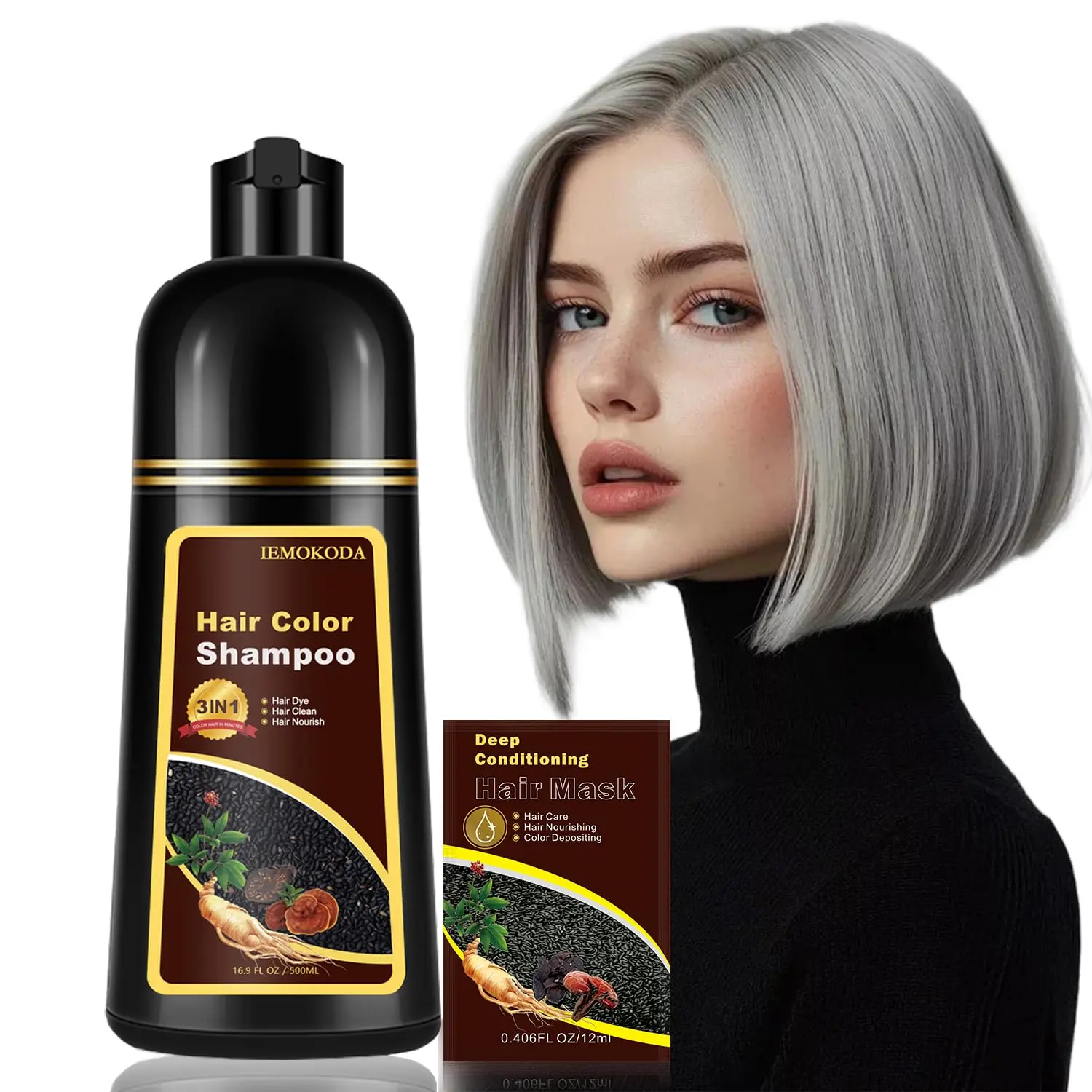 Salon-Quality 3-in-1 Natural Coffee Hair Dye Shampoo for Adults - Vegan, Non-Toxic Plant Extract Formula, 10-15 Min Long-Lasting Gray Coverage, Paraben-Free Moisturizing Normal Haircare, 16.9 oz Easy Home Use