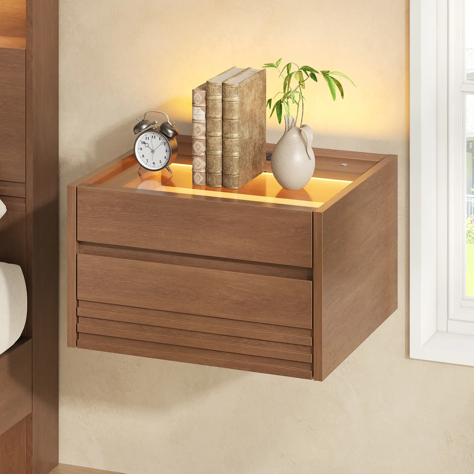 [SummerSale] Sikaic Floating Glass Nightstand with Touch LED, 2 Drawers & Charging Station, Bedside Table with Clear Glass Top and Jewelry Storage Drawer for Bedroom, Living Room, Home Office, Walnut, Home Furniture, Dorm Essentials