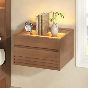 Sikaic Floating Glass Nightstand with Touch LED, 2 Drawers & Charging Station, Bedside Table with Clear Glass Top and Jewelry Storage Drawer for Bedroom, Living Room, Home Office, Walnut