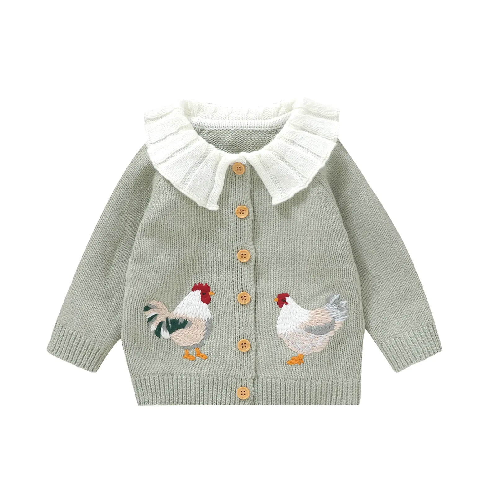 FOCUSNORM Toddler Baby Girl Knit Cardigan Doll Collar Long Sleeve Rooster Embroidery Button Down Sweater Infant Winter Outfit