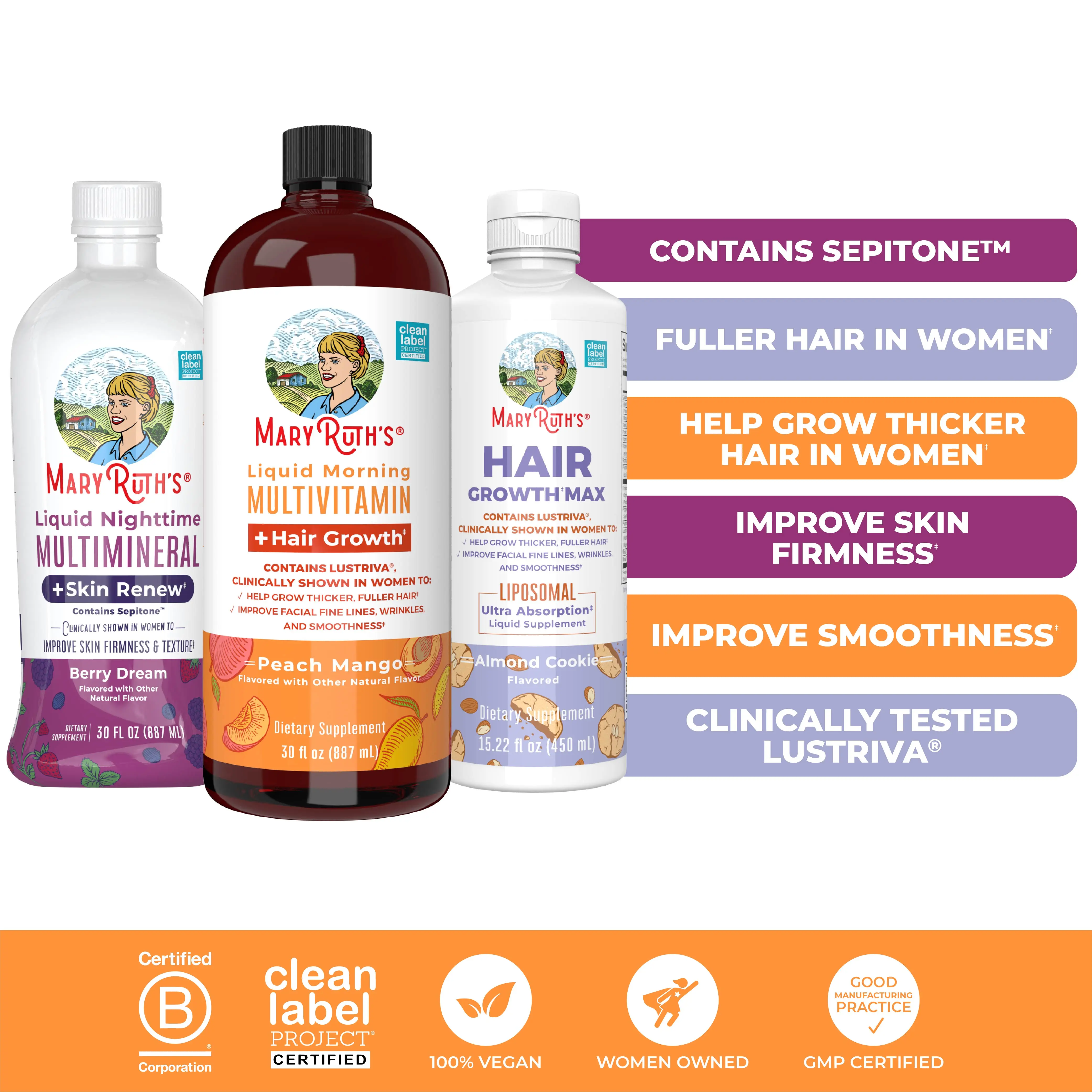 MaryRuth's Daily Wellness + Hair & Skin Support Bundle - Liquid Morning Multivitamin + Hair Growth 30oz - Liquid Nighttime Multimineral + Skin Renew 30oz - Hair Growth Max 15.22 oz