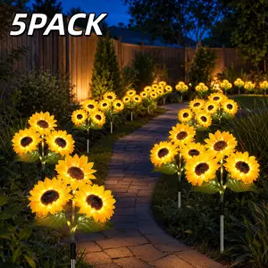 Set of 5, Solar-Powered Sunflower Garden Lights, Pathway Decorative Lights, IP65 Waterproof Rating, 8 Flashing Modes, Solar-Powered Pathway Lights for Yard, Patio, Lawn, and Garden Decor