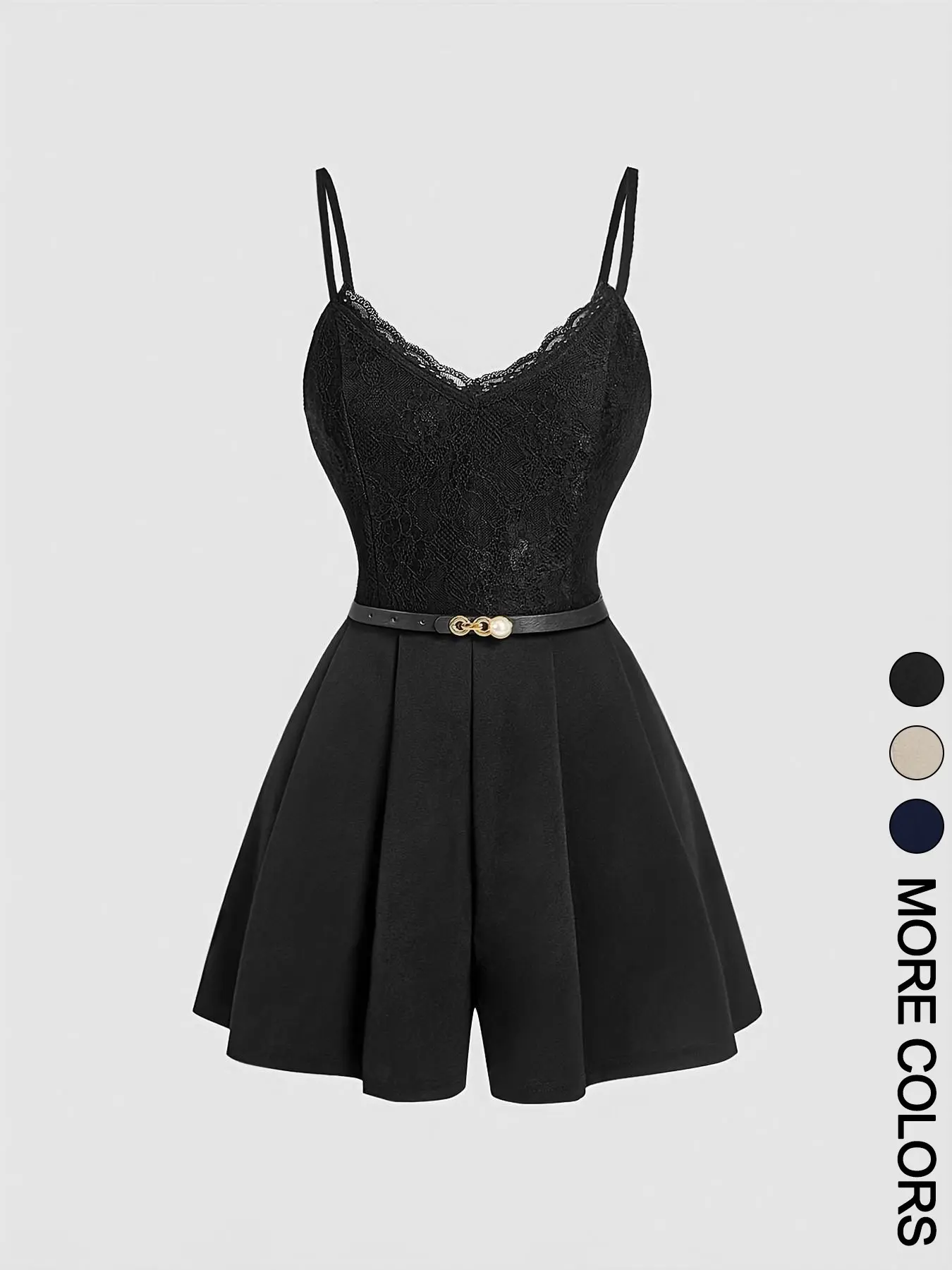 Women's Spring Summer Elegant Lace-Spliced Cami Playsuit with Belt, V-Neck Sleeveless Fitted Jumpsuit for Casual Outings