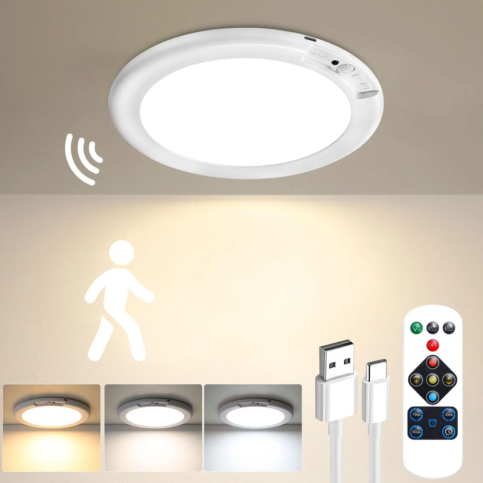 8000mAh Rechargeable Motion Sensor Ceiling Light - Magnetic Mount, Wireless, Remote Control, Dimmable, Adjustable, Auto Shut-Off, Built-In Batteries Home Decor Light for Closet, Hallway