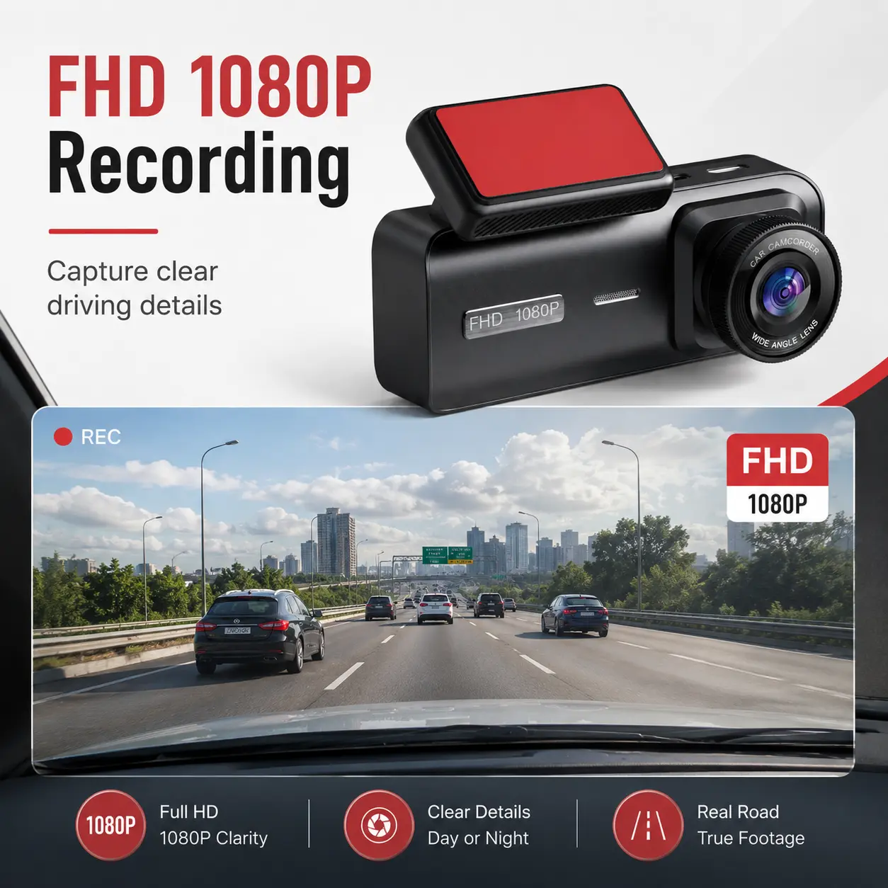 FHD 1080P Dash Cam for Cars, Compact Driving Recorder with Wide Angle Lens and Flip-Up Display, Windshield-Mounted Car Camera for Daily Driving, Memory Card Not Included