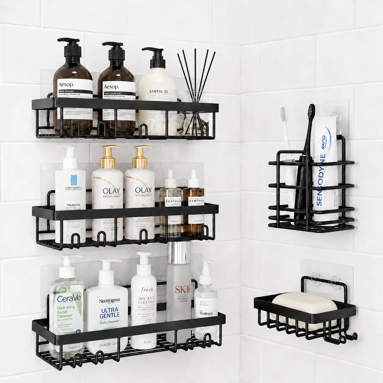 5 Tier Shower Caddy Organizer Set, Self Adhesive Bathroom Shelves with Hooks, No Drilling Shower Storage Rack for Shampoo Soap Razor Toothbrush, Rust Resistant Wall Mounted Bathroom Organizer for Home Apartment RV