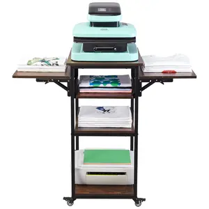 【FathersDayGift】 VEVOR Heat Press Table with Charging Station, 4 Tier Movable Heat Press Stand, Foldable Heat Transfer Machine Stand with Wheels, Rolling Metal Workbench for Sublimation Transfer Machine, Brown