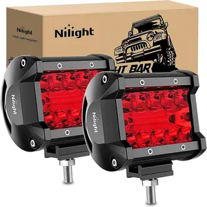 Nilight 4 inch LED Light Pod Red Triple Row 2PCS 60W Flood Spot Combo Driving Fog Lights Fishing Hunting Safety Signal Deck Trailer lights for UTV Pick-up Van Boat Tractor Vehicle Truck Car Accessories