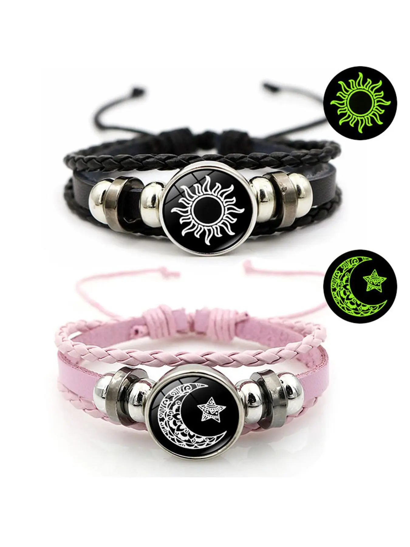 Night Glow Moon Sun Matching Stackable Bracelets, Adjustable Punk Style Woven Leather Couple Jewelry, His & Hers Gift Set, Couples Bracelet Set, Fashion Bracelet, Bracelet For Couples