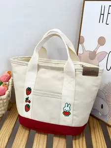 Pure Color Canvas Cartoon Animal Pattern Fashion Cute Handbag, Casual Large Capacity Modern Style, Simple Leisure Shoulder Bag