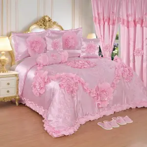 Wedding Set - Pink and White Bedding with Floral Design and Ruffled Edges