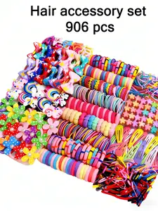 906/907pcs Colorful Cartoon Unicorn Series Girls' Hair Accessories Gift Set: includes hundreds of hair accessories—cartoon clips, bow rings, star clips, hair claws, high-elasticity bands—for daily styling, performances, kids' gifts. Optional storage box.