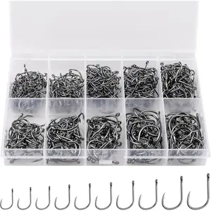 500PCS Premium Carbon Steel Fishing Hooks, 10 Sizes Strong Sharp Barbed Hooks, Portable Plastic Box Included, for Freshwater and Seawater Fishing, Carbon Steel Hooks