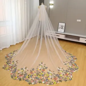Wildflower Meadow Cathedral Veil – A Vibrant Tapestry of Colorful Floral Embroidery on Sheer Ivory Tulle, Where Bridal Dreams Bloom