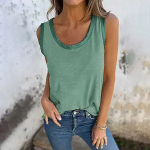 Mist Green Metallic Sheen Edge Scoop Neck Tank Top for Women, Casual Loose Fit Sleeveless Top with Shiny Trim for Daily Streetwear, Summer Vacation & Layering Outings