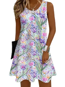Casual Sleeveless Floral Dress, Loose Comfortable Round Neck, Elastic Fashion Tank Dress, Elegant Print Pattern, Plain Surface Design