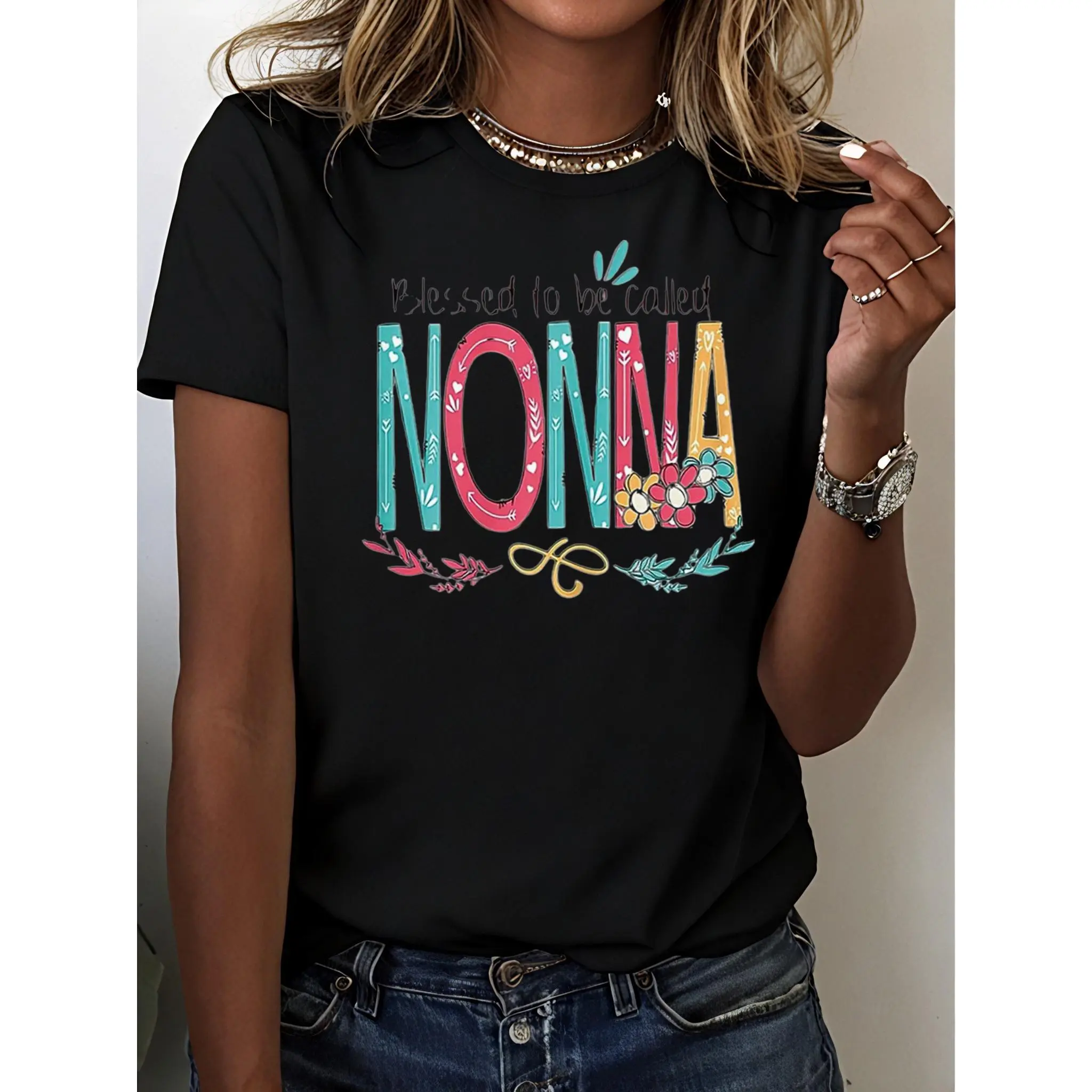 Nonna Graphic T-Shirt for Women, Casual 100% Cotton Crew Neck Shortsleeve Top, Gift for Thanksgiving and Wedding Parties, Tshirt, Cartoon, Easter, Valentines Day, Basics, Pure Cotton, Digital Print, Sporty Chic, Wardrobe Staples, Korean Casual, Graphic Pr