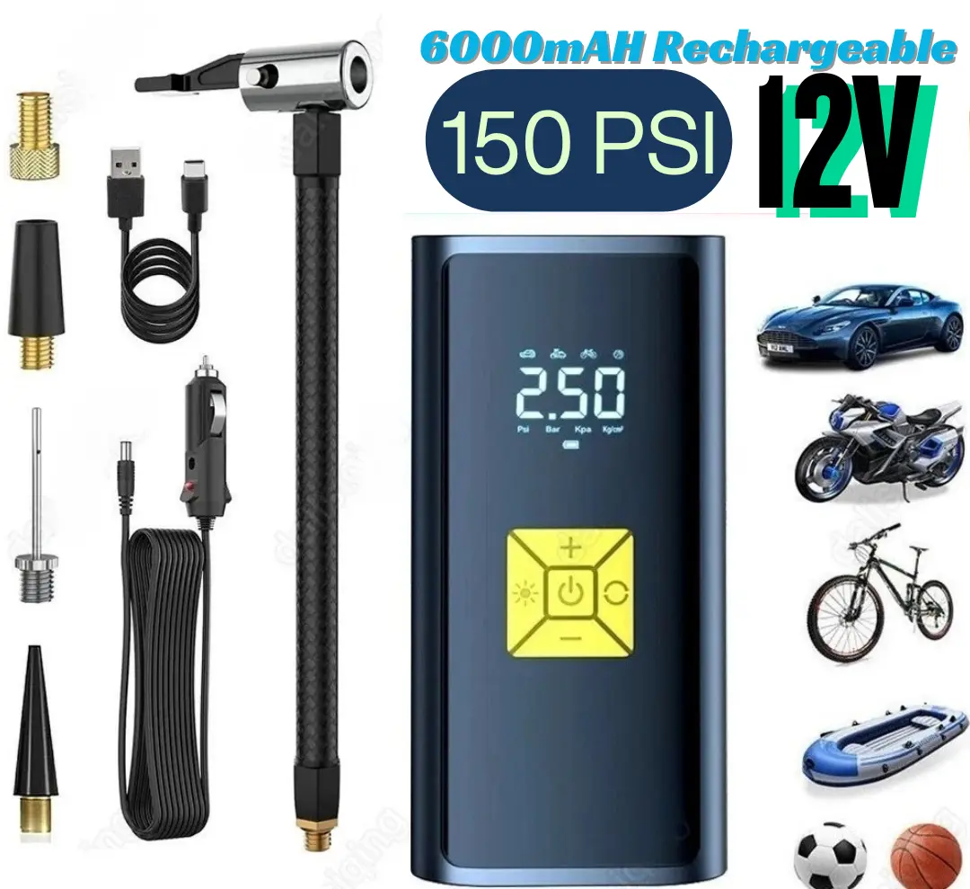 150 PSI Cordless Air Compressor Tire Inflator – Portable Digital Air Pump for Car, Motorcycle, Bike & Ball with LED Light & Auto Shut-Off
