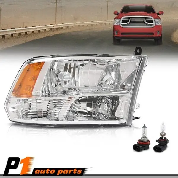 Durable 1-Piece Right Headlight Assembly with Bulbs, Easy-Install Car Light Fit for 2009-2018 Dodge Ram 1500, 2500, 3500 (Chrome)