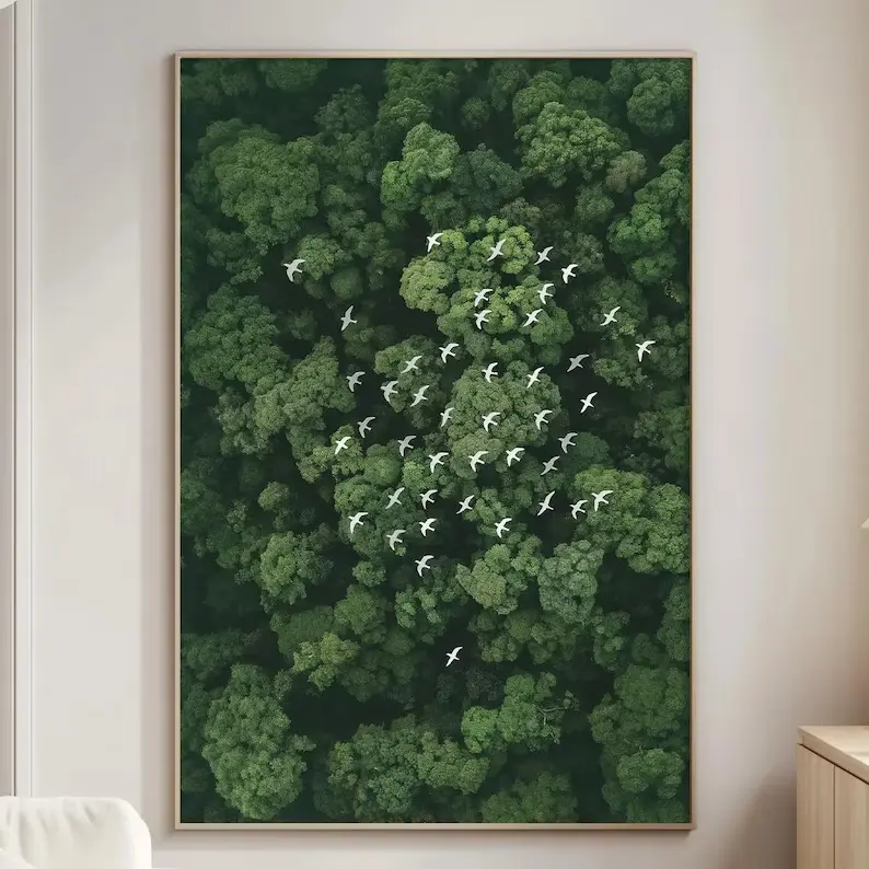 Poster Forest Birds Arrow Wall Art, Aerial Nature Print, Direction Symbol , Calming Green Landscape Artwork, Modern Office Decor (unframed)
